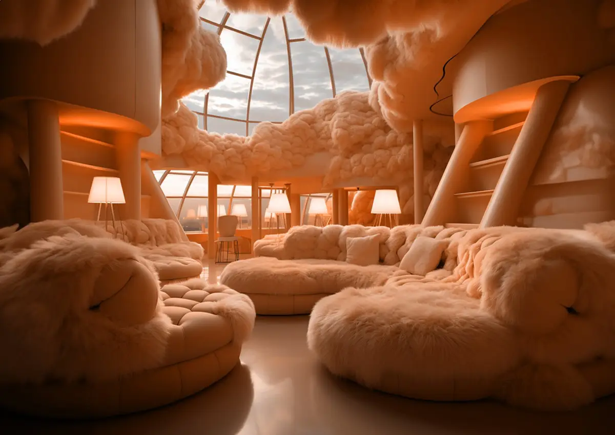 Interiér: nábytok a stena vo farbe Peach Fuzz